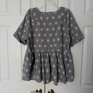 Shein Babydoll Top Blouse Checkerd Floral XL Black White Loose Fit Hi Low